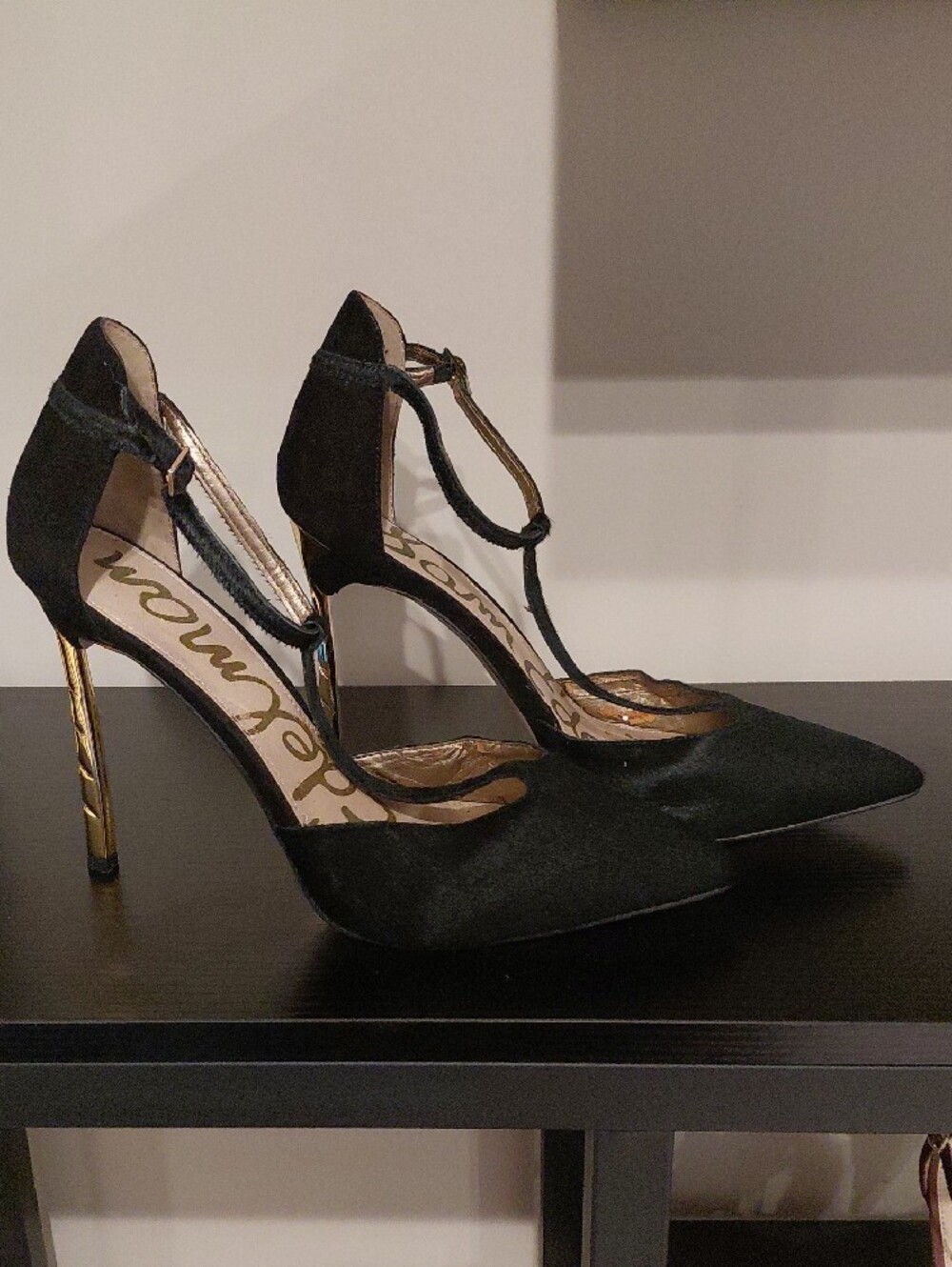 Sam Edelman Black Pointed T-Strap Stiletto Heels with Gold Heel - Picture 4 of 8